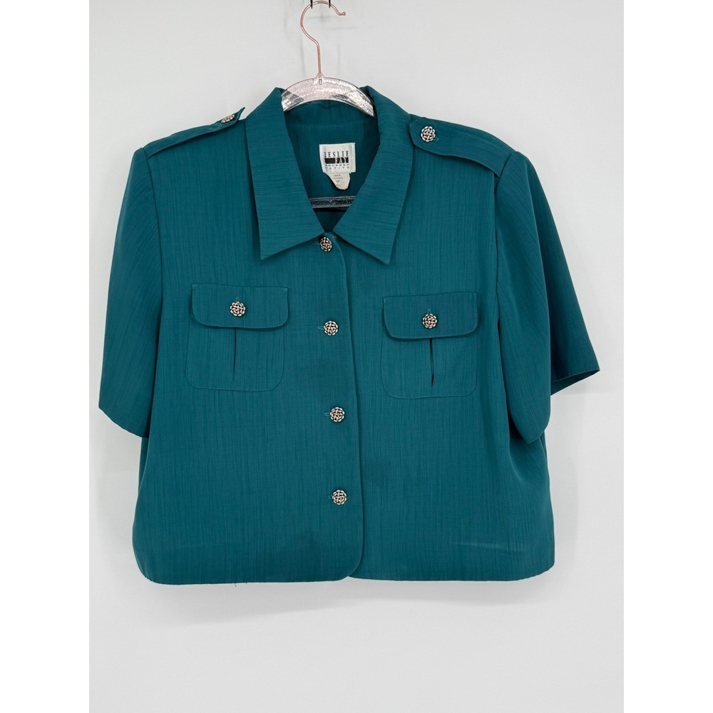 Leslie Fay Vintage Teal Green Short Sleeve Military Style Blouse‎ Sz 16P